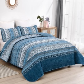 WONGS BEDDING Boho Quilt Set California King, Blue Bohemian Striped Pattern Quilts Bedspread Set for All Season, Soft Microfiber Coverlet Bedding Set 106"x96"(3 Pieces, Cal King)