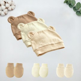 Set 3 Pezzi Cappellino e Guantini Neonato 0-6 Mesi Cotone Morbido Lavorato a Maglia AntiGraffio Protezione Solare Unisex Lavabile a Mano per Bambine e Bambini