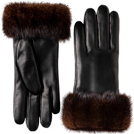 OCXMME Luxurious Warm Mink Fur Cuffs Rabbit Fur Lined Leather Gloves Women Touchscreen Black Large