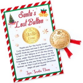 Daifunli Santa's Lost Button Set, Extra Large 1.38″ Diameter Alloy Santa Claus Missing Button with 3.9″ x 5.91” Express Letter and Red Thread Santa Evidence Kit for Christmas Morning(Gold)