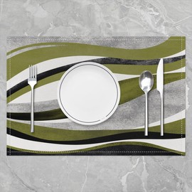 Olive Green Grey Stripe Table Place Mats, Set 45x30cm Geometry Placemats Set of 4 for Geometric Placemat for Kitchen Dining Table Indoor Outdoor Set Modern Striped Art