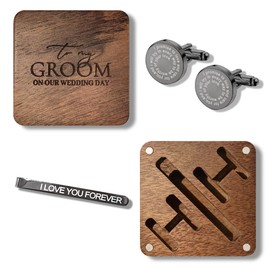 Mens Cufflinks and Tie Clip - Gifts for Groom from Bride - Engagement, Wedding Gifts for Groom - Cuff Links Tie Bar with Engraved Walnut Wood Box