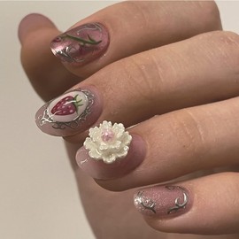 3D Press on Nails Short Oval Fake Nails Strawberry Stick on Nails Pink Glue on Nails Spring Acrylic False Nails Glossy Shiny Artificial Nails Full Cover Press on False Nails Kit for Women Girls 24Pcs