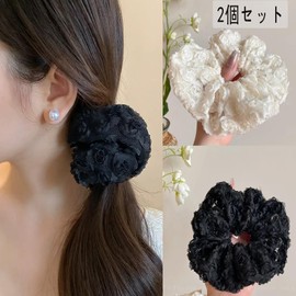 HAPVITAL Chou Chou Chiffon Chou Stylish Adult Hair Rope Hair Elastic Adult Elegant Hair Accessory Satin Simple Hair Accessory Hair Ornament Large Solid Extra Large (Lace)