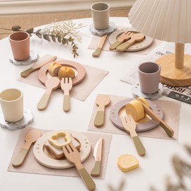 ROBUD Wooden Play Kitchen Dishes Set, 29PCS Kids Toy Plates and Cutlery for Pretend Play Food Kitchen Set, Toy Kitchen Accessories, Kids Toys Gifts for Girls Boys (4-Set)