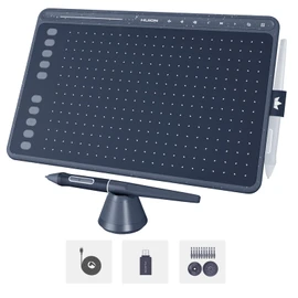 HUION HS611 Graphics Drawing Tablet Android Support Digital Art Tablet with Battery-Free Stylus 8192 Pen Pressure Tilt 8 Multimedia Keys 10 Hot Keys and Touch Ring, 10x6 inch Drawing Pad, Space Grey