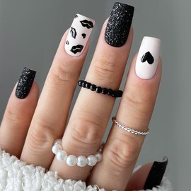 24 Pcs Valentines Square Press on Nails Short Fake Nails Black Glitter False Nails with Heart Lips Patterns Design Valentines Nails Full Cover Reusable Stick on Nails for Women Girls Nail Decorations