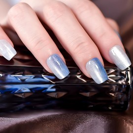 IKISKT Press On Nails - Silver Cat Eye Tips | Ombre Blue Color Solid Light l UV Short Coffin Shape False Fake Nails, Reusable Glue | 10-12 Sizes - 30 Nail Kit