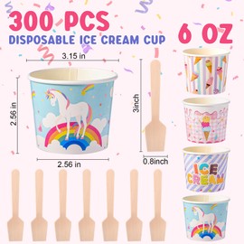 Ninehaoou 300 Set 6 oz Ice Cream Paper Cups with Spoons Bulk Colorful Disposable Dessert Cups Sundae Containers Disposable Dessert Bowls for Ice Cream and Yogurt Birthday Wedding Party