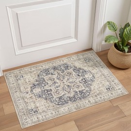 Tortania Area Rug 2x3 Doormat - Washable Vintage Oriental Farmhouse Soft Thin Indoor Carpet for Living Room Bedroom Hallway Entryway Kitchen - Cream/Blue