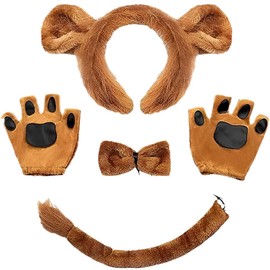 KUMSODE 5 Piece Lion Costume Accessory Set, Lion Ears, Plush Headband, Tail, Nose, Bow Tie and Gloves, Costume Set, Animal Costume Set, for Kids, Adults, Theme Party Gifts