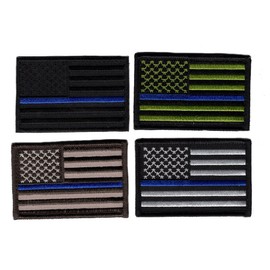 Bundle 4 Pieces - US Flag Police Law Enforcement Thin Blue Line (3.0 x 2.0 inc) Hook Patch