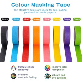 Coloured Tape for Craft, 8 rolls Rainbow Colour Masking Tape Washi Tape for Decorative,Colour Coding,Scrapbooking,Kids Art Craft Project, All Purpose Writable Paper Tape Painting Tape,Fun Art Supplies