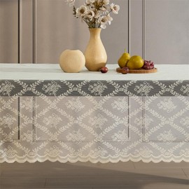 HLC.ME Isabella Floral Lace Tablecloth, Lace Fabric Table Cloth for Rectangle Tables, Wrinkle Resistant Tablecloth, Patterned Scalloped Tablecloth (60 W x 84 L, Linen Taupe)