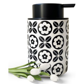 UNBONSOUHAIT Ceramic Hand Soap Dispenser for Bathroom Deco,12ounce Refillable Liquid Dispenser for Kitchen (Black Flower)