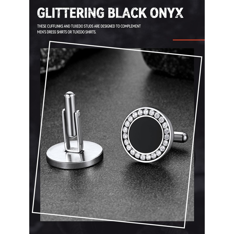 Mens Tuxedo Cufflinks and Studs Set with Black Onyx and