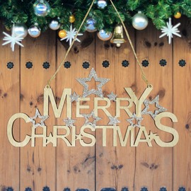 WedDecor Wooden Christmas Hanging Sign For Door, Pinewood Festive Sign Charming Hanging Ornament Xmas Decoration, Merry Christmas Lettering Wall Plaque With Star for Home, Office & Restaurant Décor