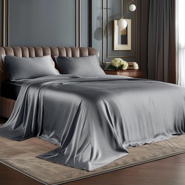 BEDELITE Satin Sheets Twin XL Size Bed Set, Luxury Soft Dark Grey Silky Sheet for Hair and Skin, Similar to Silk Bed Sheets Set 3 Pieces with 1 Deep Pocket Fitted Sheet, 1 Flat Sheet, and 1 Pillowcase