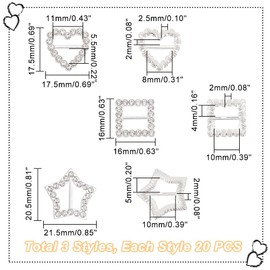 AHANDMAKER 60Pcs Rhinestone Ribbon Buckles, 3 Style Mini Buckles Crystal Buckle for DIY Craft, Square Heart Star Shape Belt Buckle Sliders for Clothing, Shoes, Wedding Invitation Letter and Gift Wrap
