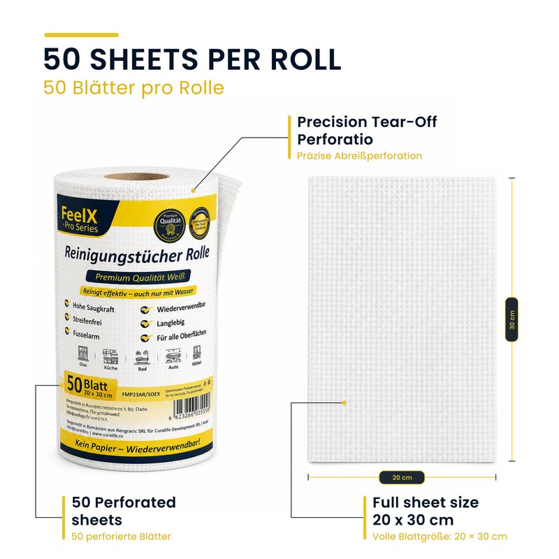 FeelX Pro Series Cleaning Cloths Roll Premium White - Reusable
