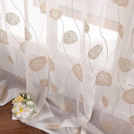 MIULEE Curtains with Floral Embroidery, Curtains White with Golden Pattern for Living Room, Bedroom Curtain Transparent with Eyelets, Set of 2 Voile Flowers Transparent Curtains, Each H 200 x W 140 cm