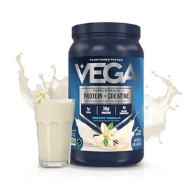 Vega Protein + Creatine con 30 g de Proteína y 5 g BCAA, Vainilla, 962 g | Aporta 3 g de creatina monohidratada por porción; endulzado con azúcar de c