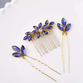 Yean Baroque Bridal Hair Pins Blue Rhinestones Wedding Hair Comb Something Blue Hair Piece for Women and Girls(3 Pcs)