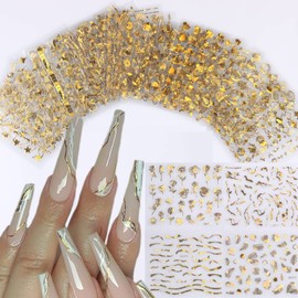 30 Sheets Gold Nail Stickers 3D Self-Adhesive Nail Decals Flower Line Lace Leaf Design Nail Art Stickers for Nail Art for Acrylic Nails DIY Nail Supplies for Women Girls