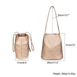 Mabel London Women's Fashion Designer Medium Size Plain Soft Vegan Leather Hobo Bucket Tote Shoulder Bag - Delilah (Metallic Champagne)