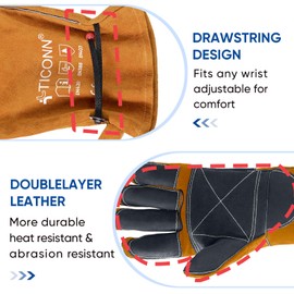 TICONN 16 Inch Welding Gloves, 1000°F Fire Heat Resistant Gloves Fireproof Leather Gloves for Welder, Stick, Forge, Mig, Tig, BBQ, Baking, Oven (Brown/Grey, XXL)