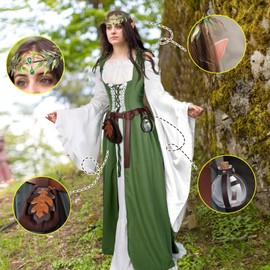 AOKISK 7cs Renaissance Costume Women-4 Minute Quick Ren Faire Costume Fairy Costume Medieval Victorian Dress for Women Flower Crown Elf Ear Belt Leaf Bag Witch Bottle leaf skirt hikes-XXL