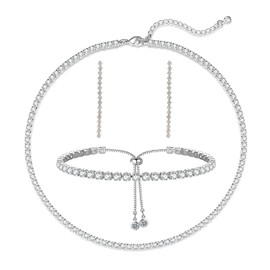 Luxval Tennis Necklace Set for Women Dainty Sterling Silver Necklace and Earring Sets Diamond Linear Earrings Tennis Bracelets Wedding Jewelry for Bride Silver Jewelry Sets for Women Gift