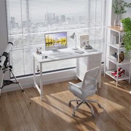 Lufeiya White Computer Desk with Fabric Drawers, 47 Inch Reversible Study Work Writing Desk for Home Office Bedroom, Simple Modern Cute PC Desks with Drawer, White