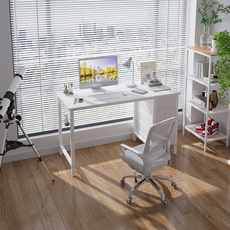 Lufeiya White Computer Desk with Fabric Drawers, 47 Inch Reversible
