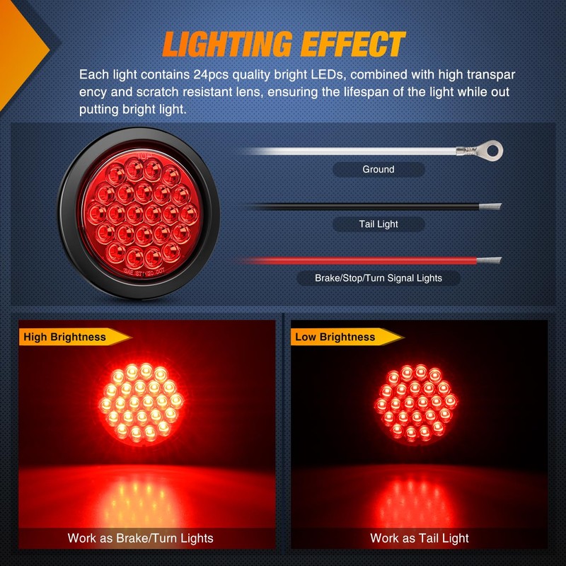 Nilight 4Inch Round Trailer Tail Light 2PCS 24LED Red Stop