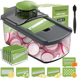 Ourokhome Mandolin Slicer for Kitchen Food, Hand Safe Vegetable Shredder with 6 Mandoline Blades, Veggie Waffle Cutter for Potato, Carrot, Zucchini, Onion, Essential Kitchen Gadgets (6 in 1, Gray)