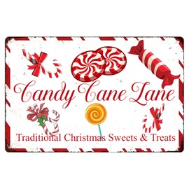 Candy Cane Lane Retro Metal Tin Sign,Traditional Sweets & Treats Festive Red Christmas Wall Decor Vintage Christmas Metal Signs for Kitchen Cafe Bar Home Christmas Wall Decor Art 8x12 Inch