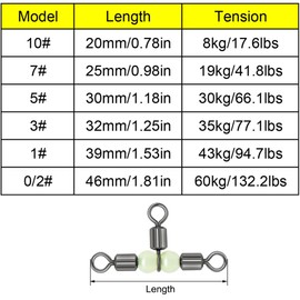 50pcs 3 Way Swivels T Shape Cross Line Barrel Triple Swivels with Luminous Beads Fishing Ball Bearing Swivels for Sea Fishing Connecting Device (7#)