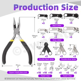 Swpeet 85Pcs #3#5#8 Zipper Repair Kit with Needle Nose Pliers Assortment Kit, Including Zipper Sliders, U Shape Top Stops Zipper Pulls & Bottom Stoppers for Bags Tents Luggage Luggage
