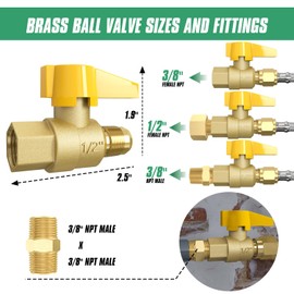 36 Foot 350PSI High Pressure Braided Propane Hose Extensions with Brass Gas Ball Valve, with Conversion Coupling 3/8" Flare to 1/2" Female NPT, 1/4" Male NPT, 3/8" Male for BBQ Grill, Fire Pit, Heater