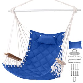 ROOITY Hammock Chair Hanging Swing with Wooden Armrests;Steel Spreader Bar,Pillows,Hardware kit Included;Cotton Woven ;Up to 350 Lbs,for Indoor Outdoor Blue
