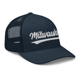 Vintage Milwaukee Baseball Script Mesh Retro Milwaukee Trucker Hat Cap Navy