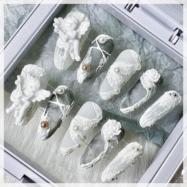 HYWWPFLAY 90Pcs Angel Baby Nail Charms, Goth Retro Nail Jewelry Studs, White Resin 3D Nail Art Decorations, Shiny Flat-Back Rhinestones Gems for Acrylic Nails DIY Manicure Design Tips