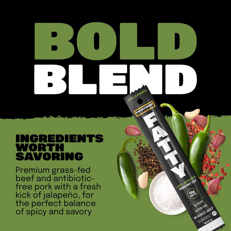 FATTY Grass-Fed Beef Smoked Meat Sticks, Jalapeno Flavor, 13g Protein