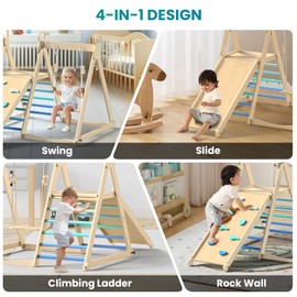 BlueWood 4 in 1 Indoor Jungle Gym, Foldable Wooden Climbing Set with Swing, Slide, Ladder and Climbing Wall, Montessori Philosophy Climber Playset for Kids Aged 2+ (Sky Blue)