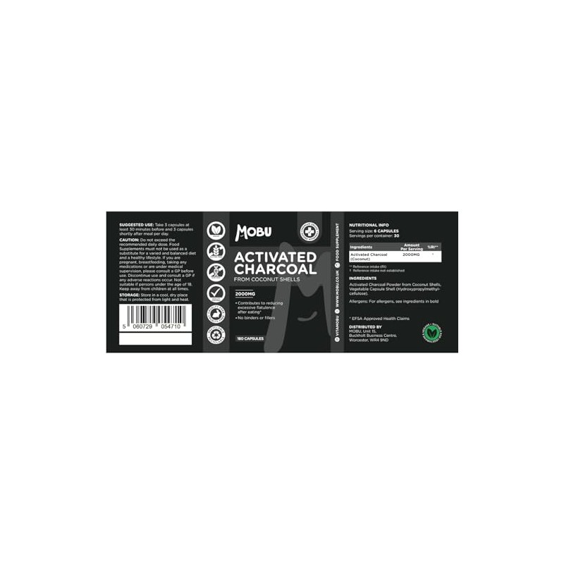 Activated Charcoal Capsules 2000mg – 180 Capsules | Helps Reduce