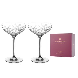 DIAMANTE Champagne Cocktail Saucers Coupes Pair - ‘Breeze’ - Intricately Etched Floral Leaves Pattern - Set of 2