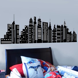 wondever Black City Skyline Wall Stickers City Building Silhouettes Peel and Stick Wall Art Decals for Bedroom Living Room