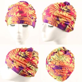 Long Hair Swimming Cap, Swimming Cap, Adjustable Elasticity, Women's Swimming Hat Made of Fashionable Pleated Fabric, Swimming Equipment for Adults, Men and Women, Teenagers (Orange Leaf)