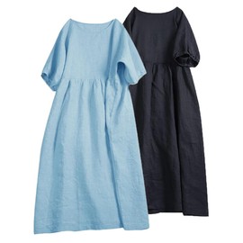 Minesam Linen Dress, Short Sleeve, Long Dress, Cotton, Linen, Mid-Calf Length, Natural, Adult, Cute, Body Cover, Summer, 01-B light blue